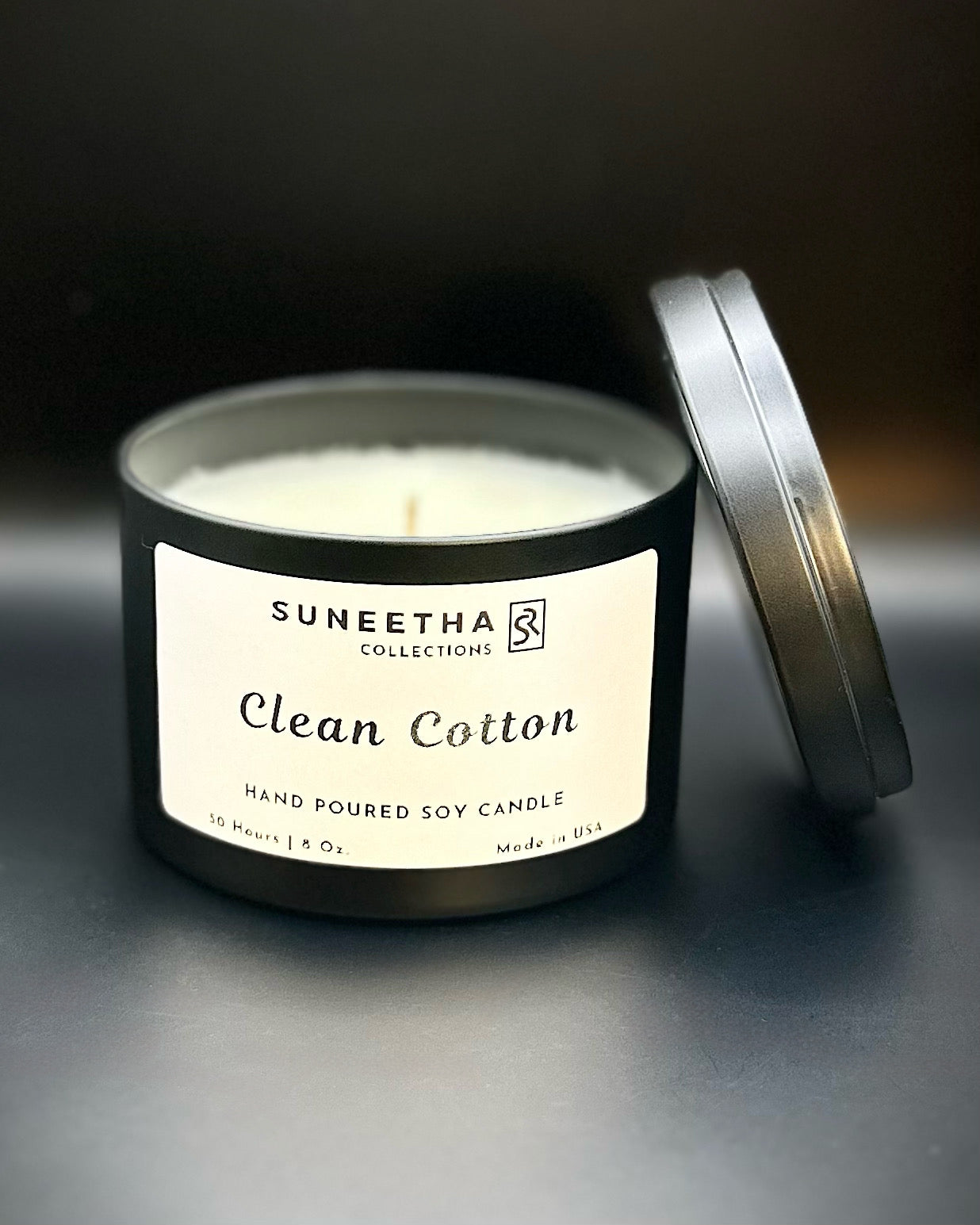 8 Oz Clean Cotton in a Black Short Jar with Open Lid 