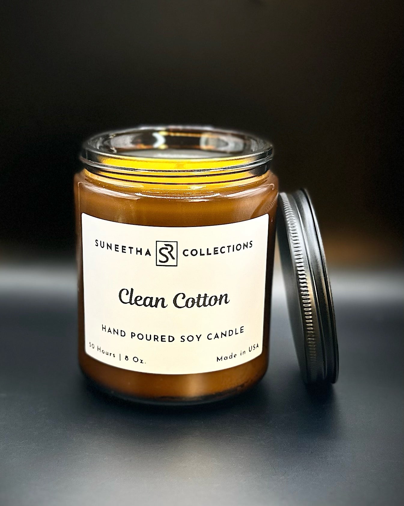 8 Oz Clean Cotton in a Amber Jar open lid